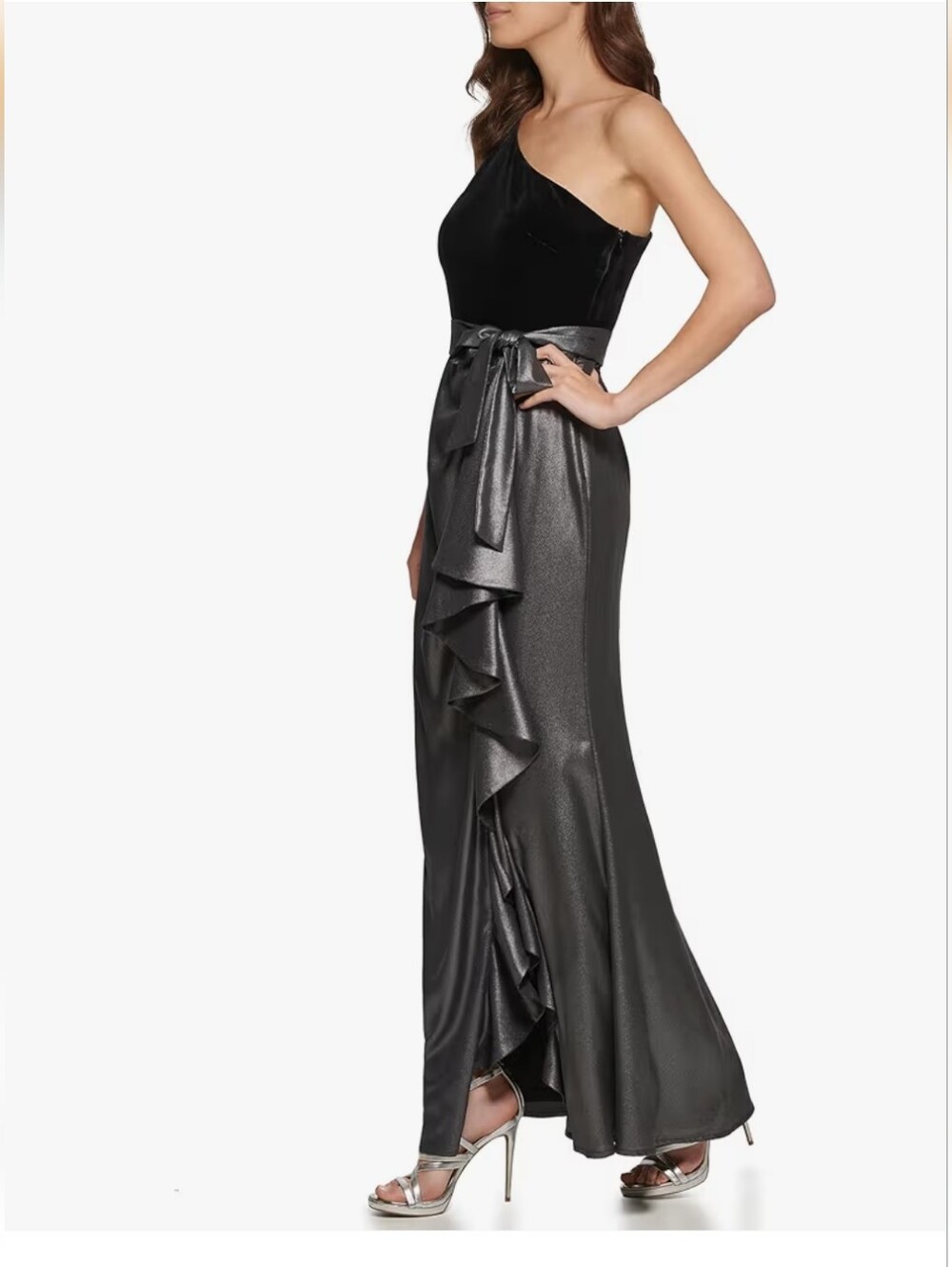 DKNY Velvet Foil Chiffon Ruffle Mix Media Dress Gown Maxi Length - Picture 5 of 15